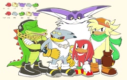 Size: 2048x1295 | Tagged: safe, artist:seeyoucrocodile, bark the polar bear, big the cat, knuckles the echidna, storm the albatross, vector the crocodile, bird, cat, crocodile, echidna, polar bear, 2026, arms folded, eyes closed, frown, grey background, group, looking at viewer, looking offscreen, simple background, smile, standing