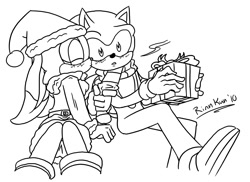 Size: 1262x917 | Tagged: safe, artist:rinn-kun, cream the rabbit, sonic the hedgehog, hedgehog, rabbit, 2010, age difference, alternate outfit, belt, blushing, christmas, christmas hat, christmas outfit, clothes, coat, cream x sonic, duo, eyes closed, female, hat, holding something, kiss, kiss on cheek, male, monochrome, present, scarf, shipping, signature, simple background, straight, surprise kiss, surprised, white background