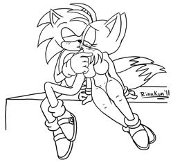 Size: 873x816 | Tagged: safe, artist:rinn-kun, miles "tails" prower, sonic the hedgehog, fox, hedgehog, 2011, black and white, blushing, breasts, duo, eyelashes, eyes closed, featureless breasts, female, gender swap, half r63 shipping, hand on face, imminent kissing, line art, male, monochrome, shipping, signature, simple background, sitting, sonic x tails, straight, white background