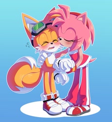 Size: 1881x2048 | Tagged: safe, artist:la_gata_golosa_, amy rose, miles "tails" prower, fox, hedgehog, 2025, arm around shoulders, blushing, clothes, duo, embarrassed, eyes closed, female, goggles, gradient background, holding hands, kiss, kiss on cheek, mouth open, outline, riders outfit, shipping, sonic riders, standing, straight, tailamy