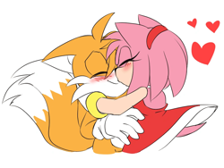Size: 900x675 | Tagged: dead source, safe, artist:grimlock1997, amy rose, miles "tails" prower, amybetes, blushing, cute, duo, eyes closed, flat colors, heart, hugging, kiss, shipping, simple background, smile, standing, straight, tailabetes, unknown date, white background
