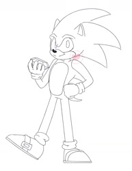 Size: 1116x1448 | Tagged: safe, artist:la_gata_golosa_, sonic the hedgehog, 2019, chaos emerald, heart, holding something, line art, looking at viewer, monochrome, simple background, smile, solo, standing, standing on one leg, white background
