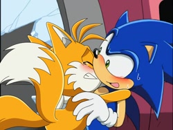 Size: 1280x960 | Tagged: safe, artist:la_gata_golosa_, editor:la gata golosa, miles "tails" prower, sonic the hedgehog, sonic x, 2021, blushing, duo, edit, eyes closed, gay, hugging, looking at them, shipping, sonic x tails, standing, sweatdrop