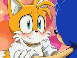 Size: 640x480 | Tagged: safe, artist:la_gata_golosa_, editor:la gata golosa, miles "tails" prower, sonic the hedgehog, sonic x, 2021, blushing, duo, edit, gay, hands on another's shoulders, looking at each other, shipping, smile, sonic x tails, sparkles