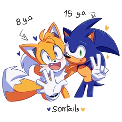 Size: 2000x2000 | Tagged: safe, artist:la_gata_golosa_, miles "tails" prower, sonic the hedgehog, 2025, age difference, arrow, blushing, duo, gay, heart, heart tail, looking at viewer, pedophilia, ship name, shipping, simple background, smile, sonic x tails, standing, v sign, waving, white background