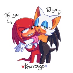 Size: 2000x2000 | Tagged: safe, artist:la_gata_golosa_, knuckles the echidna, rouge the bat, 2025, age difference, arrow, blushing, duo, frown, heart, knuxouge, lidded eyes, one fang, pedophilia, ship name, shipping, simple background, smile, standing, straight, white background, wink