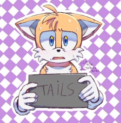 Size: 600x611 | Tagged: safe, artist:la_gata_golosa_, miles "tails" prower, 2023, barbie mugshot meme, floppy ears, front view, frown, holding something, looking at viewer, meme, mouth open, mugshot, outline, signature, solo, sweatdrop, white outline