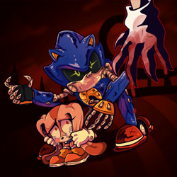 Size: 4500x4500 | Tagged: semi-grimdark, artist:dolokos, cream the rabbit, metal sonic, sonic the hedgehog, oc, oc:sonic.exe, 2025, abstract background, black sclera, blood, claws, clouds, crouching, crying, duo focus, glowing eyes, looking at them, loop, offscreen character, outdoors, outline, protecting, robot, sonic.exe: the disaster, standing, tears, tears of fear, trio
