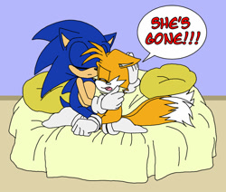 Size: 900x762 | Tagged: safe, artist:aishapachia, miles "tails" prower, sonic the hedgehog, 2010, bed, comforting, crying, dialogue, duo, english text, eyes closed, hugging, implied cosmo, indoors, kneeling, pillow, sad, shoes off, socks, speech bubble, tears, tears of sadness, text