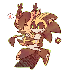 Size: 1236x1300 | Tagged: safe, artist:dragnoodlez, nicole the hololynx, shard the metal, lynx, 2018, blank background, duo, exclamation mark, female, happy, heart, hugging, male, nicole x shard, robot, shipping, smile, speech bubble, straight