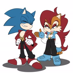 Size: 2048x2048 | Tagged: safe, artist:butterrrmoth, sally acorn, sonic the hedgehog, chipmunk, hedgehog, 2024, alternate outfit, black background, clothes, duo, female, male, pants, sally x sonic, shipping, shirt, simple background, straight