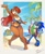 Size: 3336x4096 | Tagged: safe, artist:azul35art, sally acorn, sonic the hedgehog, chipmunk, hedgehog, 2024, alternate outfit, beach, bikink, daytime, duo, female, holding something, looking at viewer, male, palm tree, sally x sonic, sandals, shipping, straight, swimming trunks, tree