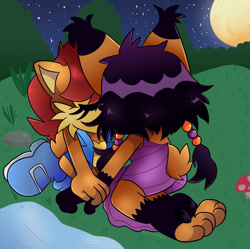 Size: 1380x1372 | Tagged: safe, artist:mina404, nicole the hololynx, sally acorn, 2021, duo, eyes closed, grass, holding arm, kiss, kneeling, lesbian, moon, mushroom, nicole x sally, nighttime, outdoors, shipping, star (sky), water