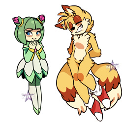 Size: 1000x1000 | Tagged: safe, artist:galaxynite, cosmo the seedrian, miles "tails" prower, 2018, blushing, duo, eyes closed, fur markings, hands behind back, hands together, signature, simple background, smile, white background