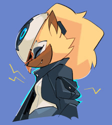 Size: 1048x1171 | Tagged: safe, artist:mina404, whisper the wolf, wolf, 2021, blue background, eyes closed, female, one fang, side view, simple background, smile, solo, standing