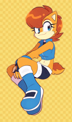 Size: 1683x2817 | Tagged: safe, artist:silvertchi, sally acorn, chipmunk, belly button, checkered background, female, looking at viewer, midriff, sally's ringblader outfit, sitting, smile, solo
