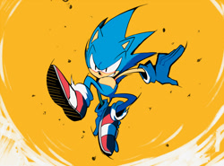 Size: 900x666 | Tagged: safe, artist:aimf0324, sonic the hedgehog, 2021, classic sonic, falling, from below, looking offscreen, mid-air, smile, solo, treads