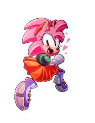 Size: 1000x1300 | Tagged: safe, artist:thechaosspirit, amy rose, 2018, blushing, classic amy, heart, looking at viewer, looking back, looking back at viewer, mouth open, one fang, running, simple background, smile, solo, transparent background, treads