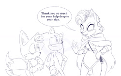 Size: 1280x803 | Tagged: safe, artist:amy-rose-is-magic, lupe the wolf, miles "tails" prower, sonic the hedgehog, 2018, bag, cape, dialogue, english text, hand on hip, line art, looking at each other, looking at them, monochrome, mouth open, simple background, smile, speech bubble, standing, talking, text, trio, white background