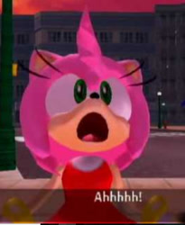 Size: 517x632 | Tagged: safe, amy rose, sonic adventure, 3d, aaa, caption, dialogue, edit, edited screencap, english text, looking up, low res, mouth open, reaction image, screencap, solo, station square, text, zoomed in