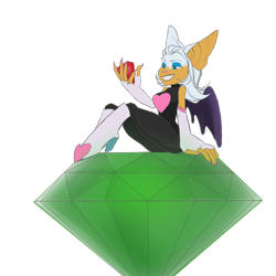 Size: 1280x1280 | Tagged: safe, artist:ask-knouge, rouge the bat, 2018, absurd res, alternate hairstyle, alternate outfit, arm sleeves, bodysuit, chaos emerald, clenched teeth, fingerless gloves, holding something, lidded eyes, looking at something, master emerald, simple background, sitting, smile, solo, transparent background