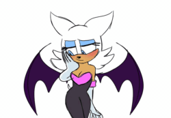Size: 842x581 | Tagged: safe, artist:ask-knouge, rouge the bat, 2018, :/, alternate eye color, animated, blinking, blue eyes, blushing, cleavage, flat colors, gif, hand on face, lidded eyes, looking away, simple background, solo, standing, white background