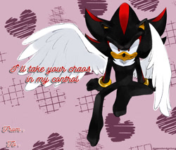 Size: 1280x1097 | Tagged: safe, artist:demonhedgehog, shadow the hedgehog, 2018, angel wings, barefoot, english text, frown, gloves off, heart, looking at viewer, sitting, solo, text, valentine's day, valentine's day card, wings