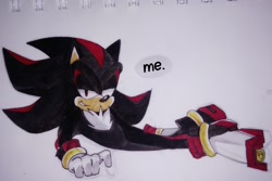 Size: 1280x854 | Tagged: safe, artist:demonhedgehog, shadow the hedgehog, 2017, ask response, clenched teeth, dialogue, english text, explicit description, lidded eyes, looking at viewer, lying down, lying on side, smile, smug, solo, speech bubble, stupid sexy shadow, text, traditional media