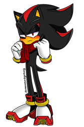 Size: 1280x1920 | Tagged: safe, artist:demonhedgehog, shadow the hedgehog, 2017, blushing, frown, holding something, lidded eyes, looking at viewer, scarf, signature, simple background, solo, standing, style emulation, transparent background, uekawa style