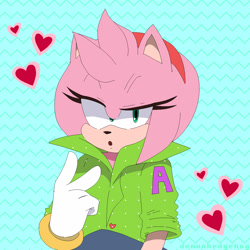 Size: 1200x1200 | Tagged: safe, artist:demonhedgehog, amy rose, 2017, alternate outfit, backwards v sign, clothes, heart, lidded eyes, looking at viewer, mouth open, shirt, solo, standing, v sign
