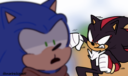 Size: 1280x764 | Tagged: safe, artist:demonhedgehog, shadow the hedgehog, sonic the hedgehog, 2017, clenched fists, clenched teeth, duo, gradient background, looking at them, looking offscreen, mouth open, signature, sonic boom (tv), this will end in pain, this won't end well, vulgar description