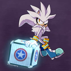 Size: 1280x1280 | Tagged: safe, artist:demonhedgehog, silver the hedgehog, hedgehog, sonic the hedgehog (2006), 2019, box, flying, gradient background, holding something, leaning, leaning back, looking at viewer, looking back, looking back at viewer, male, mid-air, no mouth, psychokinesis, solo