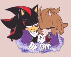Size: 1280x1024 | Tagged: safe, artist:demonhedgehog, shadow the hedgehog, oc, oc:nataly the hedgehog, hedgehog, 2017, blanket, canon x oc, christmas, christmas decorations, christmas lights, clothes, crop top, duo, eyes closed, lidded eyes, looking at them, mistletoe, pink background, shipping, simple background, smile, straight