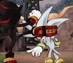 Size: 1280x1097 | Tagged: safe, artist:demonhedgehog, shadow the hedgehog, silver the hedgehog, sonic the hedgehog (2006), 2018, abuse, daytime, duo, from behind, kicking, leg up, outdoors, redraw, silver abuse, standing, this will end in pain