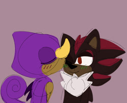 Size: 674x545 | Tagged: safe, artist:soniccurry, espio the chameleon, shadow the hedgehog, blushing, dark skin, duo, eyes closed, flat colors, gay, green blush, kiss, kiss on cheek, one eye closed, pink background, shadpio, shipping, simple background, sketch