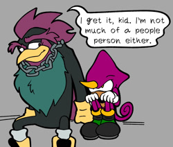 Size: 1747x1484 | Tagged: safe, artist:charmsterz, espio the chameleon, 2026, chain, chameleon, dialogue, don the rooster, duo, english text, flat colors, grey background, hand on knee, looking at each other, necklace, rooster, shy, simple background, sitting, speech bubble, text