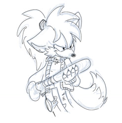 Size: 1205x1220 | Tagged: safe, artist:jenzel, fiona fox, fox, 2023, alternate hairstyle, alternate outfit, baseball bat, claws, floppy ear, holding something, jacket, jeans, kneepad, line art, looking offscreen, monochrome, pants, ponytail, sketch, smile, solo, standing, weapon