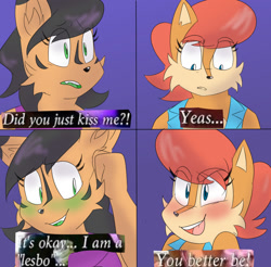 Size: 1000x985 | Tagged: safe, artist:sonicdrift2, nicole the hololynx, sally acorn, 2019, blushing, dialogue, did you just kiss me?, duo, english text, eye clipping through hair, eyebrow clipping through hair, green blush, lesbian, meme, nicole x sally, pride month, purple background, shipping, simple background, text