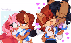 Size: 2048x1228 | Tagged: safe, artist:shoophise, amy rose, nicole the hololynx, sally acorn, 2025, amy x sally, amybetes, cute, eye clipping through hair, heart, hugging, lesbian, nicabetes, nicole x sally, sallabetes, shipping, smile, trio