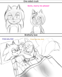 Size: 1270x1572 | Tagged: safe, artist:pantsulover228, amy rose, miles "tails" prower, sonic the hedgehog, 2026, abs, bed, dialogue, english text, gay, heart eyes, monochrome, nipples, shipping, shipping denied, simple background, sketch, sonic x tails, text, trio, white background