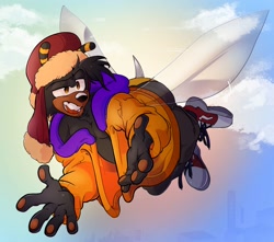 Size: 1674x1483 | Tagged: safe, artist:tinkerjink, charmy bee, bee, 2023, abstract background, aged up, clouds, daytime, flying, hat, jacket, looking offscreen, mid-air, outdoors, pawpads, sky background, solo, ushanka hat