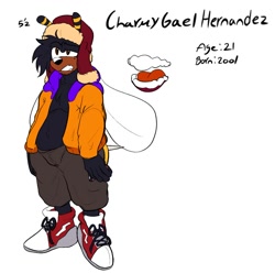 Size: 1110x1099 | Tagged: safe, artist:tinkerjink, charmy bee, bee, 2023, aged up, character name, english text, flat colors, jacket, looking offscreen, reference sheet, simple background, solo, standing, text, white background