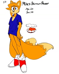 Size: 1203x1504 | Tagged: safe, artist:tinkerjink, miles "tails" prower, 2023, aged up, character name, english text, flat colors, looking offscreen, reference inset, shirt, simple background, solo, standing, text, white background