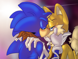 Size: 2048x1536 | Tagged: safe, artist:tinkerjink, miles "tails" prower, sonic the hedgehog, absurd res, aged up, blushing, duo, gay, gradient background, holding each other, kiss, shipping, sonic boom (tv), sonic x tails