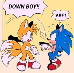 Size: 800x791 | Tagged: safe, artist:jhoycookie, miles "tails" prower, sonic the hedgehog, 2025, archie (comic), dialogue, down boy, duo, english text, frown, gay, looking at each other, meme, pointing, shipping, sonic x tails, speech bubble, text