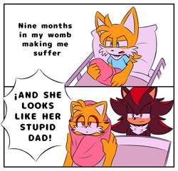 Size: 800x768 | Tagged: safe, artist:jhoycookie, miles "tails" prower, shadow the hedgehog, oc, fox, hedgehog, hybrid, baby, bed, dialogue, english text, fankid, frown, gay, hedgefox, hospital bed, implied mpreg, implied pregnancy, meme, nine months in my womb, parent:shadow, parent:tails, parents:shadails, shadow x tails, shipping, simple background, speech bubble, text, trio, white background