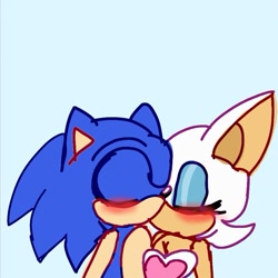 Size: 857x857 | Tagged: safe, artist:twiliydashmoonshine, rouge the bat, sonic the hedgehog, 2026, age difference, blue background, blushing, duo, eyes closed, flat colors, kiss, shipping, simple background, sonouge, straight
