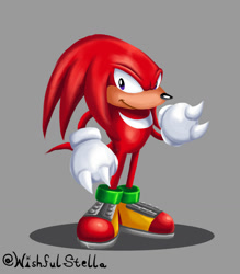 Size: 1280x1463 | Tagged: safe, artist:wishfulstella, knuckles the echidna, 2026, classic style, clenched fists, grey background, lineless, looking at viewer, shadow (lighting), simple background, smile, solo, standing, style emulation
