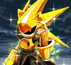 Size: 1600x1456 | Tagged: safe, artist:kad_productionz, metal sonic, neo metal sonic, 2026, abstract background, black sclera, clouds, glowing eyes, lightning, looking at viewer, robot, sky background, solo, sparkles, super form, super metal sonic