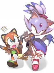 Size: 1535x2048 | Tagged: safe, artist:purnya, blaze the cat, marine the raccoon, 2026, arms folded, duo, exclamation mark, from above, frown, looking offscreen, mouth open, simple background, white background